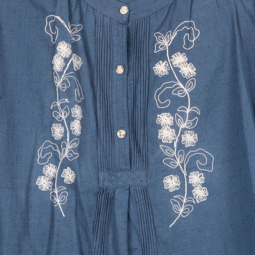 Y2K Embroidered Tunic Blouse M Linen Floral Pleated Button 90s Boho Layering Top - Picture 3 of 6